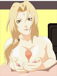 1girls absurd_res big_breasts blonde_hair boobjob breasts brown_eyes female gigantic_breasts hi_res highres huge_breasts large_breasts naruto paizuri pov smile spaceman6331 titfuck titjob tsunade unseen_male_face