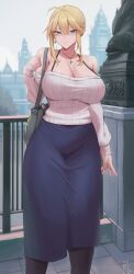 absurdres ahoge alternate_costume artoria_pendragon_(fate) artoria_pendragon_(lancer)_(fate) bag bare_shoulders blonde_hair blue_skirt breasts cleavage collarbone commentary cross cross_earrings cross_necklace earrings english_commentary fate/grand_order fate_(series) female green_eyes highres huge_breasts jewelry kakeku long_hair long_sleeves looking_at_viewer necklace off-shoulder_sweater off_shoulder outdoors paid_reward_available ribbed_sweater shoulder_bag sidelocks skirt smile solo standing sweater variant_set white_sweater wide_hips