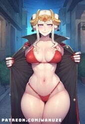 ai_generated big_ass big_breasts big_butt big_thighs black_coat blush breasts edelgard_von_hresvelg exhibitionism fire_emblem horn open_coat purple_eyes red_bikini thong tiara wanuze white_hair wide_hips