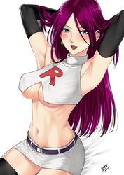 1girls alternate_hairstyle armpits big_breasts blush breasts cleavage female female_only hair_down jessie_(pokemon) large_breasts looking_at_viewer pokemon solo underboob xtermination