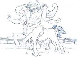 1boy abs balls bodily_fluids bovid bovine cattle conjoined equid equine equine_penis equine_taur erection genital_fluids gingatokkyu growth horn horse line_art male male_focus male_only mammal mammal_taur merging monochrome multi_arm multi_head multi_leg multi_limb multi_penis muscular muscular_male penis precum ranch shocked sleipnir solo solo_focus story surprise taur tetraphallia