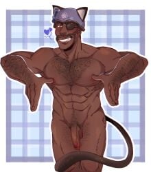 1boy abs animal_ears blush cat_boy cat_ears cat_tail completely_nude dark-skinned_male dark_skin demoman_(team_fortress_2) eyepatch gay girthy_penis grin hand_hair helmet leg_hair male_pubic_hair muscular muscular_male nipple_stimulation nipple_tweak nipples nude pectorals penis solo solo_male team_fortress_2