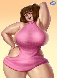 1girls arm_up armpits big_breasts blu_rent breasts brown_hair bubble_butt busty clothing diane_(nanatsu_no_taizai) female female_only giantess hand_behind_head hand_on_hip huge_breasts large_breasts looking_at_viewer nanatsu_no_taizai png purple_eyes solo sweat sweatdrop sweater sweaty_body thick_thighs thunder_thighs wide_hips
