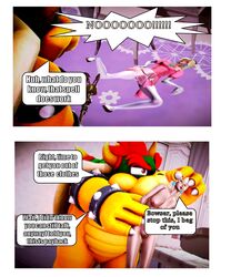 1boy 1girls 3d abs blonde_hair bodysuit bowser breasts comic crown english_text female female_skinsuit high_heels horns huge_breasts indoors long_hair male mario_(series) nintendo princess_peach second_bodysuit skinsuit snuff speech_bubble tail text transformation