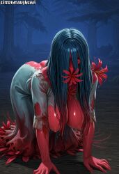 1girls 2025 2d 2d_(artwork) ai_generated all_fours ass big_ass big_breasts big_breasts big_butt black_hair blood_stain colored_skin curvy curvy_body curvy_female curvy_figure dead_by_daylight dress female female_focus female_only flower forest long_hair looking_at_viewer monster monster_girl nipples red_eyes red_skin ripped_clothing sadako_yamamura simplynaughtyai stable_diffusion thick thick_ass thick_butt wet yamamura_sadako