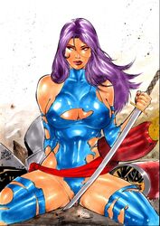 1girls 2019 betsy_braddock big_breasts blue_leotard breasts busty cleavage cleavage_cutout curvaceous curvy dated ed_benes_studio elizabeth_braddock eyeshadow female female_only holding_sword holding_weapon homo_superior human katana kwannon landing_strip lanio_sena large_breasts leotard long_hair makeup marvel marvel_comics mascara mutant nail_polish pinup psylocke pubic_hair purple_eyes purple_hair red_lips red_lipstick red_nail_polish red_nails signature sitting solo straight_hair superheroine sword telepath thick_thighs thighs voluptuous weapon x-men