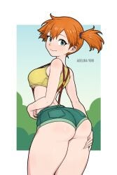 abstract_background absurdres adelinayuri artist_name ass border breasts cowboy_shot creatures_(company) crop_top denim denim_shorts female female_focus from_behind game_freak green_eyes green_shorts highres kasumi_(pokemon) looking_at_viewer looking_back medium_breasts micro_shorts nintendo no_bra orange_hair outdoors pokemon pokemon_(anime) pokemon_(classic_anime) revealing_clothes shirt short_hair shorts side_ponytail smile solo standing suspenders thighs underboob yellow_shirt