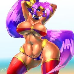 1girls big_breasts curvy earrings gausscannon hands_behind_head navel pointy_ears ponytail purple_hair shantae shantae_(character) smile smooth_skin solo thick_thighs thighhighs thong wide_hips