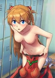 asuka_langley_sohryu big_breasts blue_eyes blush bra breasts clothing dressing ginger irohasu_(csah8525) locker_room lockers neon_genesis_evangelion nipples nude panties plugsuit pubic_hair red_hair small_breasts stomach thighs