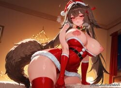 2025 ahoge ai_generated animal_tail anime bangs bare_shoulders bell belt blush breasts breasts_out brown_hair christmas cleavage crossover curtains dress elbow_gloves exposed_nipples eye_contact female female_focus flushed fur_trim gloves hair_accessory hair_ornament hair_ribbon handwear hat heavy_breathing highres hoyoverse huge_breasts indoors inside large_breasts long_hair looking_at_viewer mihoyo neck_bell nipples nsfw panties parted_lips patreon red_dress red_eyes red_gloves red_panties red_thighhighs ribbon rognezart santa_costume santa_hat skindentation smile smiling solo strapless sweat sweaty tail thick_thighs thighhighs thighs twintails underwear very_long_hair ye_shunguang zenless_zone_zero