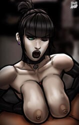 1boy 1girls black_hair black_lips black_lipstick goth green_eyes madeline_zoldak original paizuri pale_skin pumpkinsinclair tagme unseen_male_face