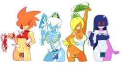 4girls belly block blonde_hair blue_hair bone bones bottomless breasts brick_block buzzy_beetle buzzy_beetle_girl censored cleavage digital_media_(artwork) dry_bones dry_bones_girl eyebrows eyelashes female female_focus female_only group hair hair_over_eyes hips holding holding_pants humanized koopa koopa_girl mario_(series) medium_breasts minus8 navel navy_hair nintendo orange_hair pants pants_removed pixel_art presenting shorts shorts_removed skeleton smile spiked_bracelet spikes spiny spiny_girl tank_top teeth transparent_background undead white_hair