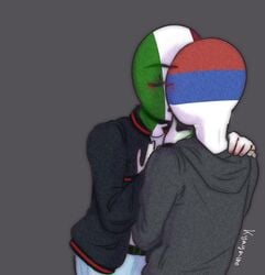 2boys blush closed_eyes countryhumans gay hand_on_shoulder italy_(countryhumans) kissing male male/male serbia_(countryhumans) stickman