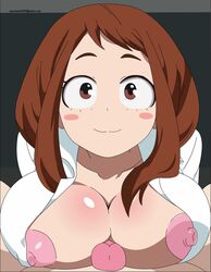 1boy 1girls big_breasts breasts brown_hair large_breasts my_hero_academia nipples ochako_uraraka paizuri penis pov spaceman6331 straight tagme unseen_male_face