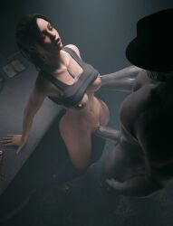 1boy 1girls 3d absurdly_large_cock anal anal_sex anus bottomless brown_hair capcom claire_redfield cowgirl_position docni erection female guided_penetration large_penis light-skinned_female light_skin male monster mr_x penis resident_evil resident_evil_2 resident_evil_2_remake sex tyrant