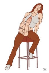 1futa athletic blush breasts brown_hair clothed color dickgirl digital_media_(artwork) erection front_view futa_only futanari highres huge_cock intersex line_art long_hair long_penis milf muscles muscular_futanari pencil_(artwork) penis penis_out posing rookerrant sitting solo solo_futa talia_(rookerrant) traditional_media_(artwork) veiny_penis watermark