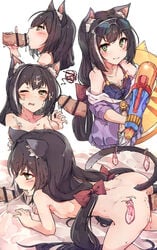 ahokoo animal_ear_fluff animal_ears bangs bar_censor black_hair cat_ears cat_tail catgirl censored condom cum cum_on_hair eyewear_on_head facial fellatio female hair_ribbon highres holding_water_gun jacket kyaru_(princess_connect) long_hair looking_at_viewer multicolored_hair nude off_shoulder one_eye_closed oral penis princess_connect! princess_connect!_re:dive ribbon sex simple_background streaked_hair sunglasses swimsuit tail used_condom vaginal_penetration very_long_hair white_background white_hair