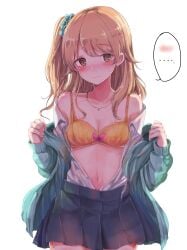 ... 1girls @_@ absurdres aqua_cardigan black_skirt blush bow bow_bra bra breasts brown_hair cardigan cleavage collarbone commentary_request cowboy_shot earrings gyaru hair_ornament hair_scrunchie highres idolmaster idolmaster_cinderella_girls jewelry kogal linea_alba long_hair looking_at_viewer morikubo_nono navel necklace one_side_up open_cardigan open_clothes open_shirt pleated_skirt sak_(lemondisk) scrunchie skirt small_breasts solo spoken_blush spoken_ellipsis stud_earrings sweat underwear yellow_bra
