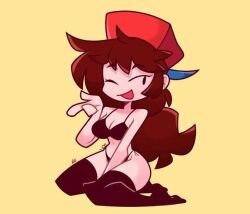artist_request auburn_hair black_bikini friday_night_funkin girlfriend_(friday_night_funkin) smile source_request thick_thighs thighhighs