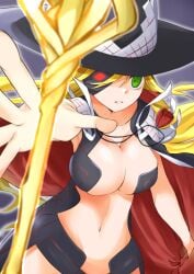 10s 1girls 2019 alternate_breast_size bare_hips blonde_hair breasts cape collarbone eyepatch female green_eyes grey_background hat large_breasts light-skinned_female light_skin long_hair looking_at_viewer midriff navel one_eye_covered othinus_(to_aru_majutsu_no_index) polearm revealing_clothes solo spear standing to_aru_majutsu_no_index upper_body weapon witch_hat yakutashi