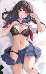 absurdres bed_sheet black_bra black_hair black_panties blue_skirt blush bra breasts clothes_lift feet_out_of_frame female hair_spread_out highres hinaumma looking_at_viewer lying medium_breasts mole mole_under_eye navel neckerchief on_back open_clothes open_skirt original panties pleated_skirt shirt shirt_lift skirt solo stomach sweatdrop underwear undone_neckerchief white_shirt