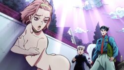 1girls 2boys ass ass_staring breasts butt_staring covering_breasts david_productions diamond_is_unbreakable edit female ghost ghost_girl jojo's_bizarre_adventure koichi_hirose looking_at_pussy male multiple_boys naked photoshop pink_eyes pink_hair rohan_kishibe staring_at_ass staring_at_butt sugimoto_reimi