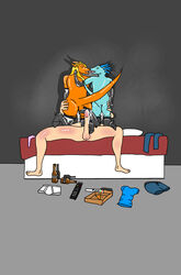 anthro bed beer boots clothes_on_floor cum cum_in_pussy dragon female food gloves horns human leather male pussy tv_remote