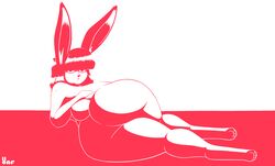 2019 anthro ass big_butt breasts female fur grumpy hair hi_res lagomorph looking_at_viewer monochrome monochrome_background nsfwoaf nude rabbit rabbit_ears raspberry_(nsfwoaf) rear_view simple_background solo thick_thighs