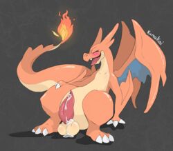 2019 animal_genitalia animal_penis anthro balls big_balls big_penis blush bodily_fluids charizard claws closed_eyes cum cum_on_balls cum_on_penis digital_media_(artwork) dragon erection fire genital_fluids hi_res horn kumakai male male_only mega_charizard_y nintendo nude open_mouth penis pokémon_(species) pokemon pokemon_(species) pokemon_rgby pokemon_xy simple_background sitting smile solo tongue video_games wings