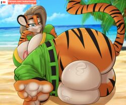1futa anthro ass autopaizuri balls beach between_breasts bimbo breasts cleavage clothed clothes_down curvy erection feline furry futa_only futa_sans_pussy futanari huge_ass huge_breasts hyper hyper_balls hyper_penis intersex makarimorph no_panties penis penis_out public tigress titjob wide_hips
