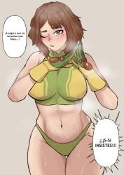 big_ass big_breasts big_breasts big_butt big_titties blush brown_hair clothing cosplay curvaceous curvaceous_female curvaceous_figure curvy curvy_figure curvy_hips female female_focus female_only looking_at_viewer my_hero_academia ochako_uraraka short_hair spanish_text talking_to_viewer text text_bubble vennex