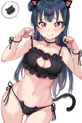 1girls animal_ears animal_tail ass_visible_through_thighs bell bell_choker big_breasts black_bra black_legwear black_panties black_underwear blue_hair blush blushing bra breasts busty cat_cutout cat_ear_panties cat_ears cat_girl cat_keyhole_bra cat_lingerie cat_tail choker cleavage cleavage_cutout clothing collarbone curvy embarrassed eyelashes female female_only frilled_bra frills fully_clothed hair_bun hairbun highres huge_breasts jingle_bell kemonomimi kemonomimi_mode large_breasts licking_lips lifted_by_self lingerie lips long_hair looking_at_viewer love_live! love_live!_sunshine!! navel nekomimi open_mouth panties pink_eyes purple_eyes sexually_suggestive shiny_clothes shiny_hair shiny_skin side-tie_panties side_bun solo speech_bubble spoken_animal tail tem10 thick_thighs thighhighs tongue tongue_out tsushima_yoshiko underwear voluptuous white_background wide_hips