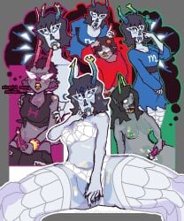 1boy 3girls 3girls1boy alien alien_penis aranea_serket black_hair black_pants black_topwear blank_eyes blue_dress blue_pussy breasts darkpartofthecosmos dialogue fangs female fingering_self glasses gold_bracelet green_pussy grey_skin homestuck homestuck_troll horned_humanoid horns humiliation humiliation_fetish imagining kankri_vantas lingerie lingerie_only lip_piercing male masturbation meenah_peixes mind_reading naked nipple_piercing nipples panties partially_clothed pink_panties pink_penis porrim_maryam red_sweater tentabulge tentacle_penis underwear wand_vibrator white_bra white_eyes white_panties white_stockings yellow_nails