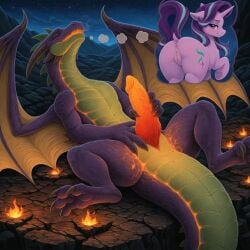 1boy 1girls aged_up ai_generated anus ass blue_eyes blush chest_tuft claws closed_eyes dock_(anatomy) dragon_wings duo fantasizing female feral fire friendship_is_magic fur genital_fluids genitals glowing glowing_body glowing_genitalia glowing_penis hasbro hooves horn humanoid_genitalia humanoid_pussy knot leaking_precum lidded_eyes looking_back looking_pleasured lying male masturbation mountain_range mountains my_little_pony night on_back open_mouth outdoor_masturbation outdoors penile_masturbation penis pink_body pink_fur precum presenting presenting_anus presenting_hindquarters presenting_pussy purple_body purple_scales pussy raised_leg raised_tail rear_view rock scales smile smoke smoke_from_mouth smug spike_(mlp) spread_legs spread_wings star starlight_glimmer thought_bubble toe_claws tuft tyto4tme4l underhoof wings