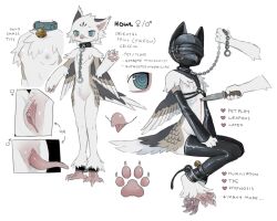 1boy animal_ears beak bell bird_boy bird_girl bird_legs black_mask blood blue_collar blue_eyes bondage breasts brown_feathers brown_wings chain_leash chains closed_mouth collar english_text faceless feathered_wings feathers female furry furry_female furry_male gender_transitioning gloves griffin_boy griffin_girl harness highres holding holding_knife hood howl_(jejejunum) jejejunum knife latex latex_gloves latex_thighhighs leash leather mask multicolored_feathers neck_bell nipples original pawpads penis pet_play pussy reference_sheet sitting small_breasts stab standing thighhighs tongue tongue_out wings