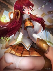 1girls battle_academia_lux_prestige_edition battle_academia_series big_breasts breasts cleavage female large_breasts league_of_legends looking_at_viewer looking_back luxanna_crownguard panties pov prestige_skin solo_focus thighhighs windwalker