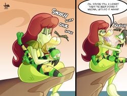 1boy 1girls big_lips cameron_(skunkdude13) cliff closed_eyes dialogue disney fish_girl jamearts kiss_mark kissing kissing lipstick lizard lizardman long_hair mermaid mermaid_girl mermaid_tail ocean ocean_background red_hair saliva saliva_string saliva_trail sitting sitting_on_cliff the_7d water_witch_(the_7d) yellow_lips yellow_lipstick