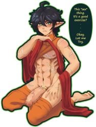 1boy abs black_hair cut_ear cute cute_boy elf english_text feet gold_(metal) gold_jewelry green_eyes hermit_(zolius) huge_cock jacob's_ladder large_cock looking_at_viewer original_character penis penis_piercing piercing pointy_ears scar scarred scarred_body sitting sitting_on_ground solo solo_male tagme tan_body tanned twink undressing veiny_penis zolius