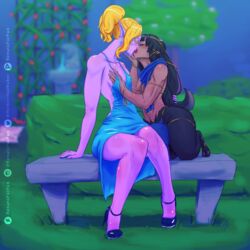 blonde_hair elf female female_only fondling madeleine_(renatoforfun) pointy_ears purple_skin renatoforfun satyr sayri_naqh tagme