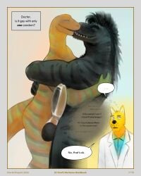 2026 4:5 absurd_res anthro balls black_body black_hair black_skin blue_clothing blue_shirt blue_topwear border claws clothing coat comic condom dialogue dinosaur dr_knot_(sharkinthepark) english_text eyebrows eyes_closed filled_condom frottage fur genitals grey_border group hair hi_res hug kissing lab_coat male male/male markings orange_body orange_skin penile penis penises_touching prehistoric_species purple_tongue reptile scalie sex sexual_barrier_device shared_condom sharkinthepark shirt snake speech_bubble striped_markings stripes tail teeth text thinking tongue topwear trio wearing_condom whisker_spots white_clothing white_coat white_topwear yellow_body yellow_fur
