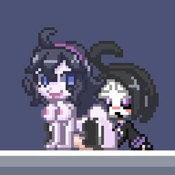 1boy 1girls ahoge allister_(pokemon) animated black_hair blue_eyes blush bouncing_breasts breasts clothed_male_nude_female cowgirl_position female female_on_top girl_on_top hex_maniac long_hair lowres mask messy_hair nipples nude on_top onion_(pokemon) pale_skin pixel_art pokemon pokemon_ss pokemon_xy purple_eyes reverse_cowgirl_position ride riding sex shoes straight ura_momo