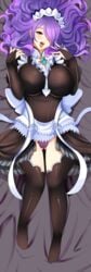 bed big_breasts body_pillow breasts camilla_(fire_emblem) color curvy dakimakura dakimakura_design fire_emblem fire_emblem_fates hair_over_one_eye headdress huge_breasts human long_hair maid maid_headdress maid_uniform open_mouth pink_eyes purple_hair revolverwingstudios solo solo_female thighhighs tongue tongue_out