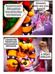 1boy 1girls 3d abs blonde_hair bodysuit bowser breasts comic crown english_text female female_skinsuit high_heels horns huge_breasts indoors long_hair male mario_(series) nintendo princess_peach second_bodysuit skinsuit snuff speech_bubble tail text transformation