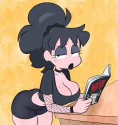 avidagrem2 belly_out big_ass big_breasts black_lipstick bubble_butt cleavage cleavage_cutout dark_skin day_job freckles freckles_on_face goth goth_girl gothic hourglass_figure hourglass_figured_female huge_breasts large_breasts lily_(day_job) lipstick reading reading_book round_ass shorts suggestive thick_thighs thighhighs thighs tied_hair whore_eyes