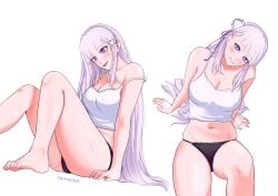 1girls bare_legs bare_thighs belly belly_button black_panties blush boobs breasts cleavage elf elf_ears elf_female emilia_(re:zero) exposed_belly feet frankino_art hips multiple_views nipple_bulge panties purple_eyes re:zero_kara_hajimeru_isekai_seikatsu silver_hair sitting smile solo thick_thighs toes underwear white_background