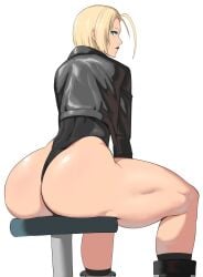 1girls ass ass_focus blonde_hair blue_eyes boots cammy_white female female_only goth_fashion jacket leather leather_jacket leotard long_sleeves muscular_legs octavius_(octavius_dp) octavius_dp short_hair sitting street_fighter street_fighter_6 thong_leotard white_background