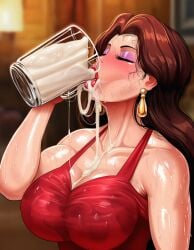 ai_generated blush breasts brown_hair cleavage closed_eyes covered_nipples cum cum_in_container cum_in_mouth cum_on_body cum_on_breasts cup dress drinking earrings eyeshadow female female_only gokkun holding holding_cup huge_breasts jewelry large_breasts lipstick long_hair makeup mario_(series) mongrealai mug pauline red_dress red_lips solo super_mario_bros. sweat