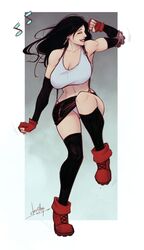 1girls 2019 abs armpits big_breasts black_hair boots breasts busty cleavage clothed dancing dated devil_hs earrings female final_fantasy final_fantasy_vii fingerless_gloves gloves large_breasts leg_up legs_up long_hair miniskirt musical_note navel panties solo solo_female square_enix tank_top text thighhighs tifa_lockhart underwear upskirt watermark white_panties