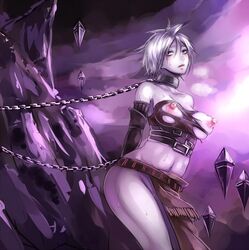 chained_up chained_wrists collar exposed_breasts hedron kor loincloth magic_the_gathering nahiri sweat torn_clothes white_hair white_skin