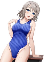 1girls arm_support bangs bedroom_eyes big_breasts blue_eyes blue_swimsuit blush blushing breasts brown_hair busty character_name clothes_in_front clothes_removed clothes_writing clothing collarbone covering covering_breasts covering_crotch covering_nipples covering_pussy covering_self curvy desk erect_nipples erect_nipples_under_clothes eyebrows_visible_through_hair eyelashes female female_only hair_between_eyes half-closed_eyes hand_on_own_shoulder hand_up head_tilt huge_breasts large_breasts leaning_back looking_at_viewer love_live! love_live!_sunshine!! miel_(lessontome) navel nipple_outline nude nude_cover on_desk open_mouth seductive seductive_smile sexually_suggestive shadow shiny_hair shiny_skin short_hair sideboob smile smiling solo striped_swimsuit swept_bangs swimsuit swimsuit_removed teeth text vertical_stripes voluptuous watanabe_you wavy_hair wet wet_clothes white_background